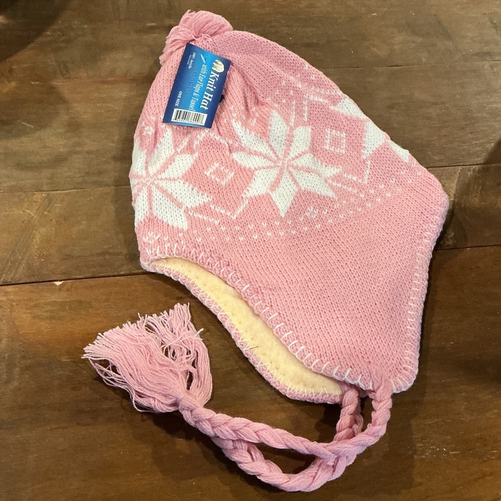 NWT 100% Acrylic Knit Hat with Ear Flaps & Tassel Pink and White OS